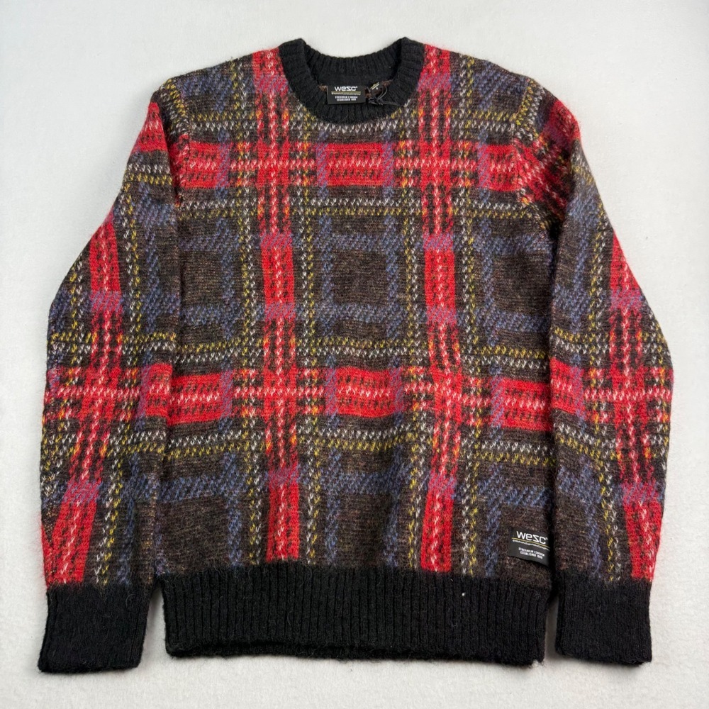WESC Mens‎ Plaid Knit Crewneck Sweater Multicolor Fuzzy Pullover Medium 3